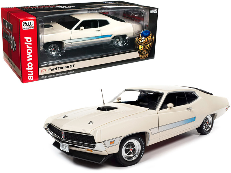 1971 Ford Torino GT Wimbledon White Blue Laser Stripes Class of 1971 American Muscle 30th Anniversary 1991 2021 1/18 Diecast Model Car Autoworld AMM1256