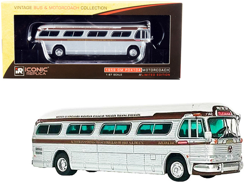 1959 GM PD4104 Motorcoach Bus Tijuana Tres Estrellas de Oro Mexico Silver White Brown Stripes Vintage Bus & Motorcoach Collection 1/87 HO Diecast Model Iconic Replicas 87-0301