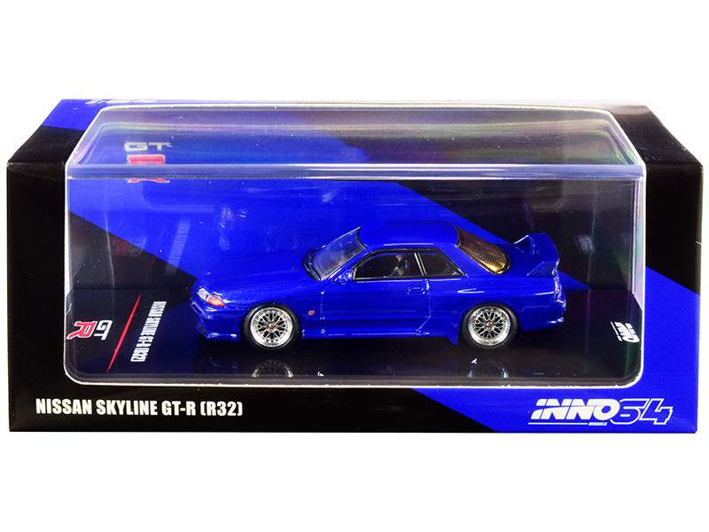 Nissan Skyline GT-R R32 RHD Right Hand Drive Blue Metallic Extra Wheels Decals 1/64 Diecast Model Car Inno Models IN64-R32-BLU