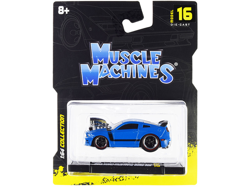 2013 Ford Mustang Boss 302 Light Blue Black Stripes 1/64 Diecast Model Car Muscle Machines 15544