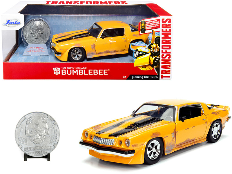1977 Chevrolet Camaro Yellow Weathered Bumblebee Robot on Chassis Collectible Metal Coin Transformers Movie 1/24 Diecast Model Car Jada 99307