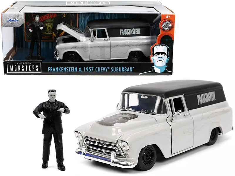 1957 Chevrolet Suburban Gray Black Graphics Frankenstein Diecast Figurine Universal Monsters Hollywood Rides Series 1/24 Diecast Model Car Jada 32191