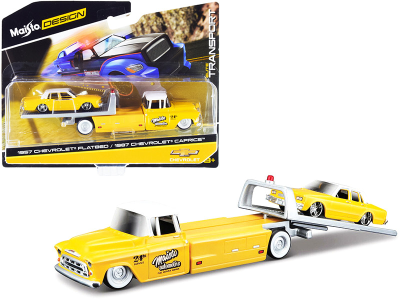 1957 Chevrolet Flatbed Truck with 1987 Chevrolet Caprice Yellow with White Top 