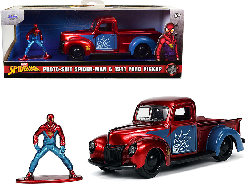 1941 Ford Pickup Truck Candy Red Blue Proto-Suit Spider-Man Diecast Figurine Marvel Series Hollywood Rides Series 1/32 Diecast Model Car Jada 33075