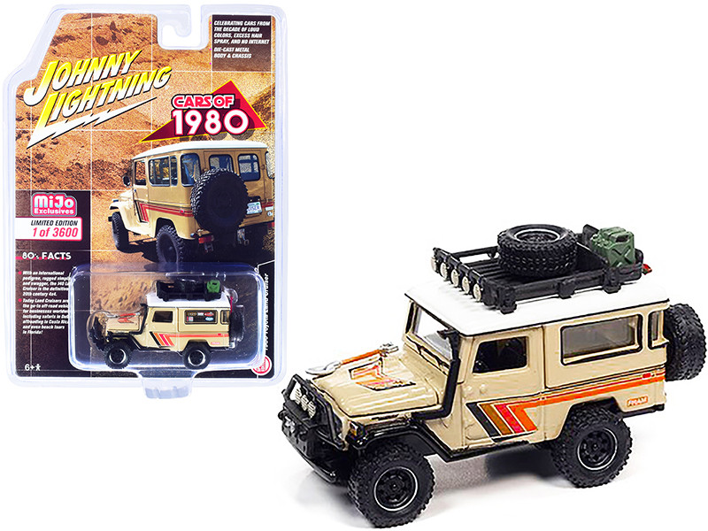 1980 Toyota Land Cruiser Roof Rack Beige White Top Stripes Limited Edition 3600 pieces Worldwide 1/64 Diecast Model Car Johnny Lightning JLCP7364