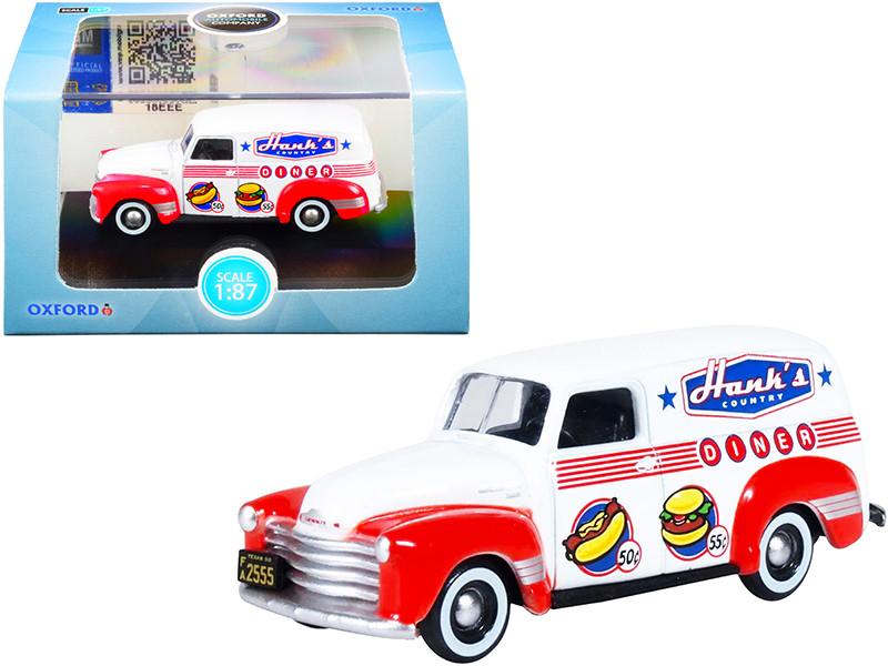 Chevrolet Panel Truck Hanks Country Diner White Red 1/87 HO Scale Diecast Model Car Oxford Diecast 87CV50003