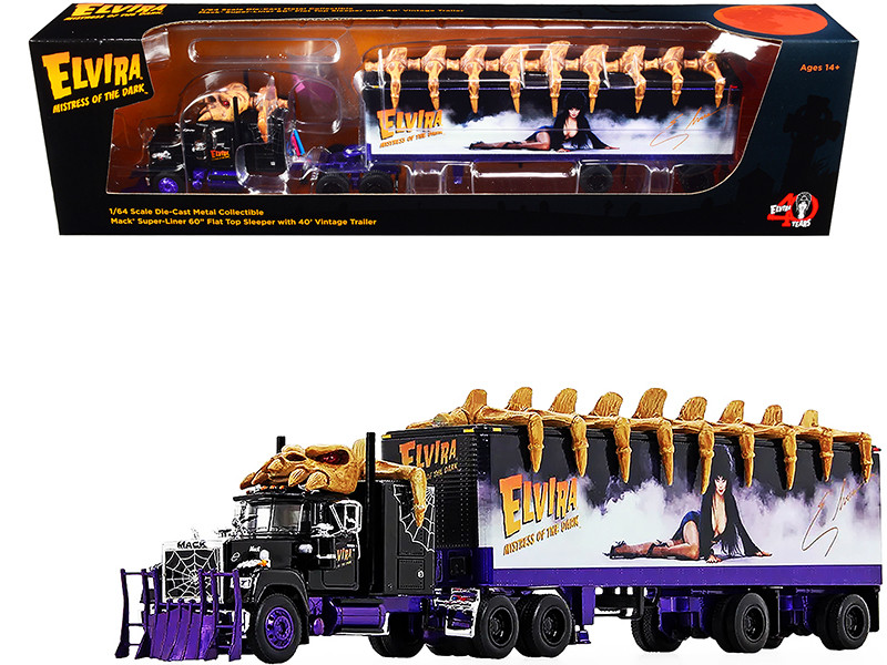 Mack Super-Liner 60" Flat Top Sleeper Cab Vintage 40' Dry Goods Trailer Elvira Mistress of the Dark 40 Years TV Show Anniversary 1981-2021 1/64 Diecast Model DCP/First Gear 69-0880