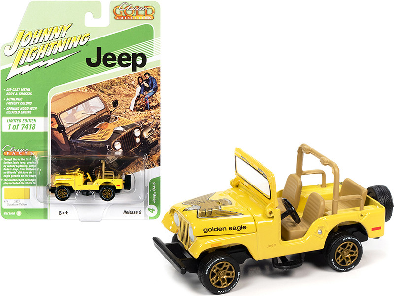 Jeep CJ-5 Sunshine Yellow Golden Eagle Graphics Classic Gold Collection Limited Edition 7418 pieces Worldwide 1/64 Diecast Model Car Johnny Lightning JLCG025-JLSP150 B