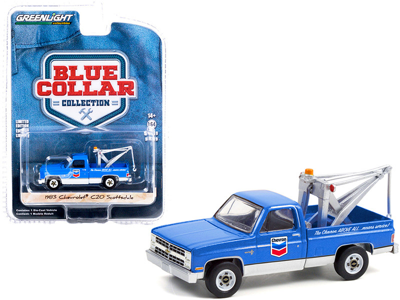 1983 Chevrolet C20 Scottsdale Tow Truck Drop-In Tow Hook Chevron Blue Blue Collar Collection Series 9 1/64 Diecast Model Car Greenlight 35200 D