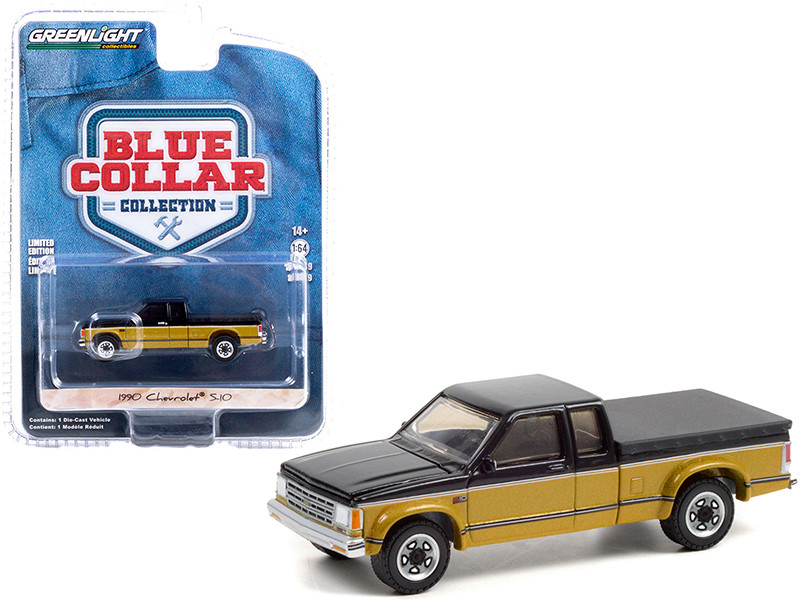 1990 Chevrolet S10 Tahoe Pickup Truck Tonneau Cover Black Gold Blue Collar Collection Series 9 1/64 Diecast Model Car Greenlight 35200 E