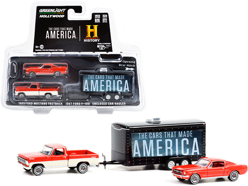 1967 Ford F-100 Pickup Truck Orange Cream 1965 Ford Mustang Fastback Orange Enclosed Car Hauler The Cars That Made America 2017 TV Series Hollywood Hitch & Tow Series 9 1/64 Diecast Model Cars Greenlight 31120 C