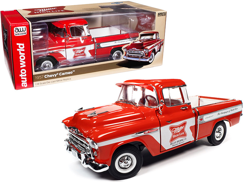 1957 Chevrolet Cameo Pickup Truck Red White Miller High Life 1/18 Diecast Model Car Autoworld AW287