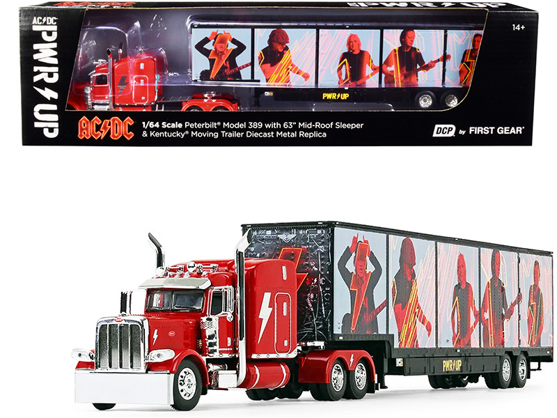 Peterbilt 389 63" Mid-Roof Sleeper Cab Viper Red with Kentucky Moving Trailer AC/DC Power Up 1/64 Diecast Model DCP First Gear 69-1063