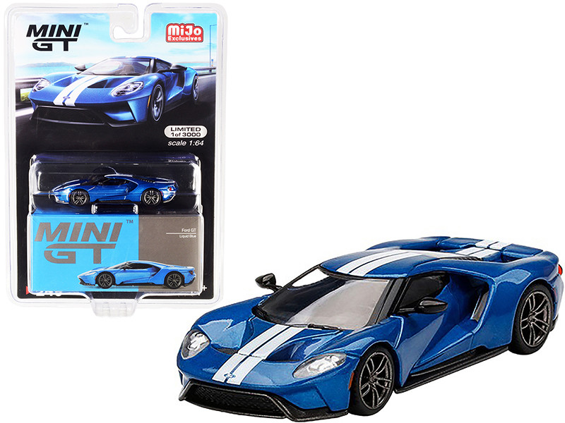 Ford GT Liquid Blue Metallic White Racing Stripes Limited Edition 3000 pieces Worldwide 1/64 Diecast Model Car True Scale Miniatures MGT00249