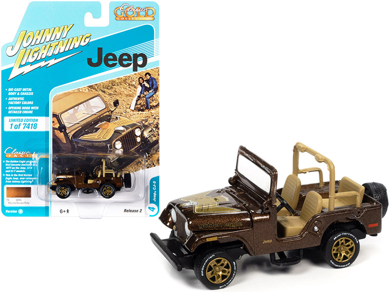 Jeep CJ-5 Mocha Brown Metallic with Golden Eagle Graphics Classic Gold Collection Series Limited Edition 7418 pieces Worldwide 1/64 Diecast Model Car Johnny Lightning JLCG025-JLSP150 A