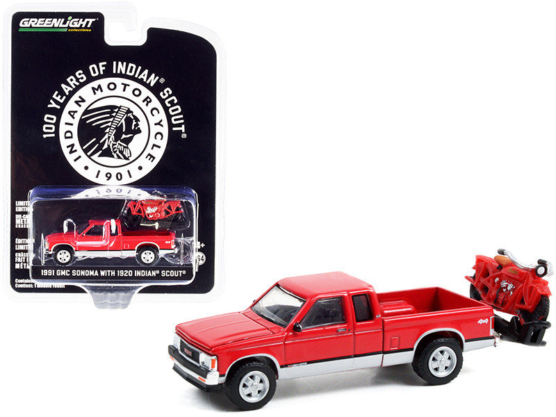 1991 GMC Sonoma Extended Cab Pickup Truck Red 1920 Indian Scout Motorcycle on Hitch Carrier 100 Years of Indian Scout Anniversary Collection Series 13 1/64 Diecast Model Car Greenlight 28080 C