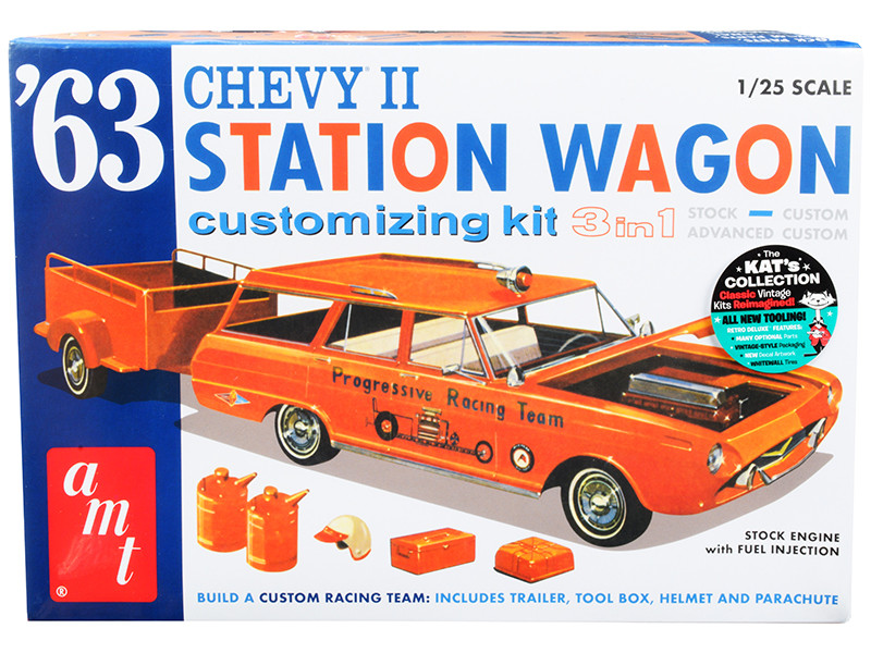 Skill 2 Model Kit 1963 Chevrolet II Station Wagon with Trailer 3-in-1 Kit 1/25 Scale Model AMT AMT1201