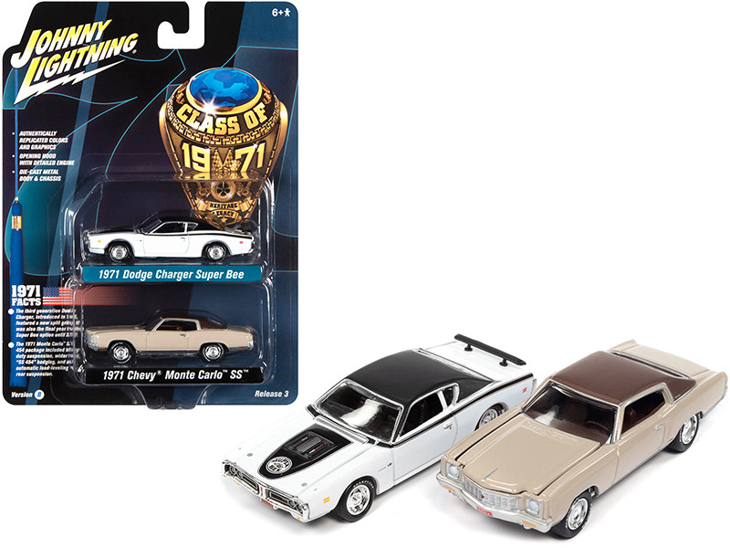 1971 Dodge Charger Super Bee White and 1971 Chevrolet Monte Carlo SS Sandalwood Brown Class of 1971 Set of 2 Cars 1/64 Diecast Model Cars Johnny Lightning JLPK014 JLSP171 B