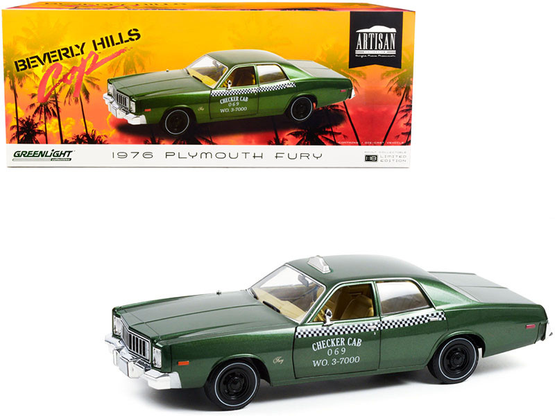1976 Plymouth Fury Taxi Green Metallic Checker Cab 069 WO. 3-7000 Beverly Hills Cop 1984 Movie 1/18 Diecast Model Car Greenlight 19110