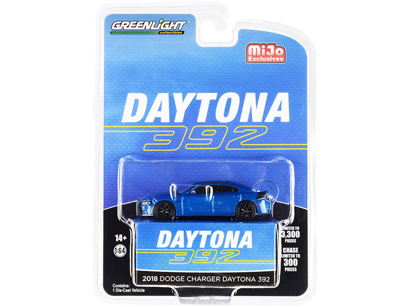 2018 Dodge Charger Daytona 392 Blue Metallic with Black Top and Stripes Limited Edition 3300 pieces Worldwide 1/64 Diecast Model Car Greenlight 51424