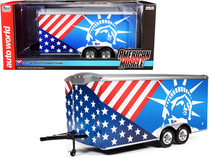Four Wheel Enclosed Car Trailer Patriotic with Graphics for 1/18 Scale Model Cars by Autoworld