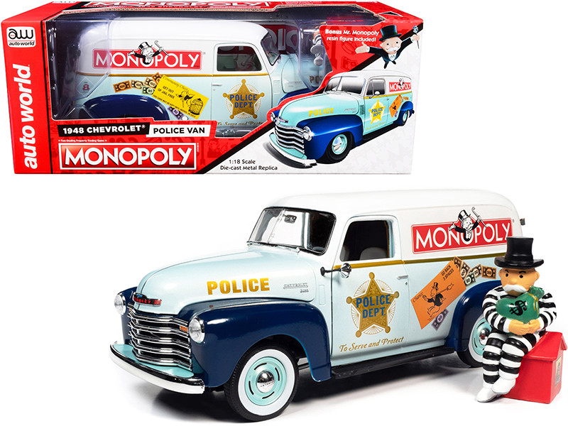 1948 Chevrolet Panel Police Van Mr. Monopoly Figurine Monopoly 1/18 Diecast Model Car Auto World AWSS129