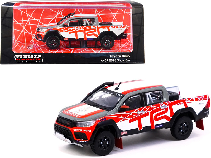 Toyota Hilux TRD RHD Right Hand Drive Pickup Truck White Gray Red Graphics Asia Cross Country Rally AXCR Show Car 2016 1/64 Diecast Model Car Tarmac Works T64-041-16TRD