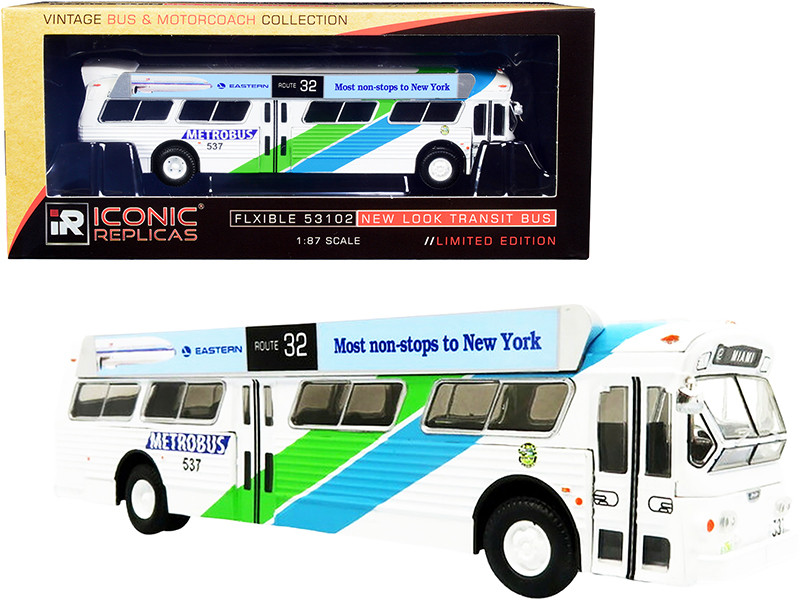 Flxible 53102 Transit Bus #32 Miami Metrobus Florida with Bus-O-Rama Boards Eastern Airlines White Green Blue Stripes Vintage Bus & Motorcoach Collection 1/87 Diecast Model Iconic Replicas 87-0280
