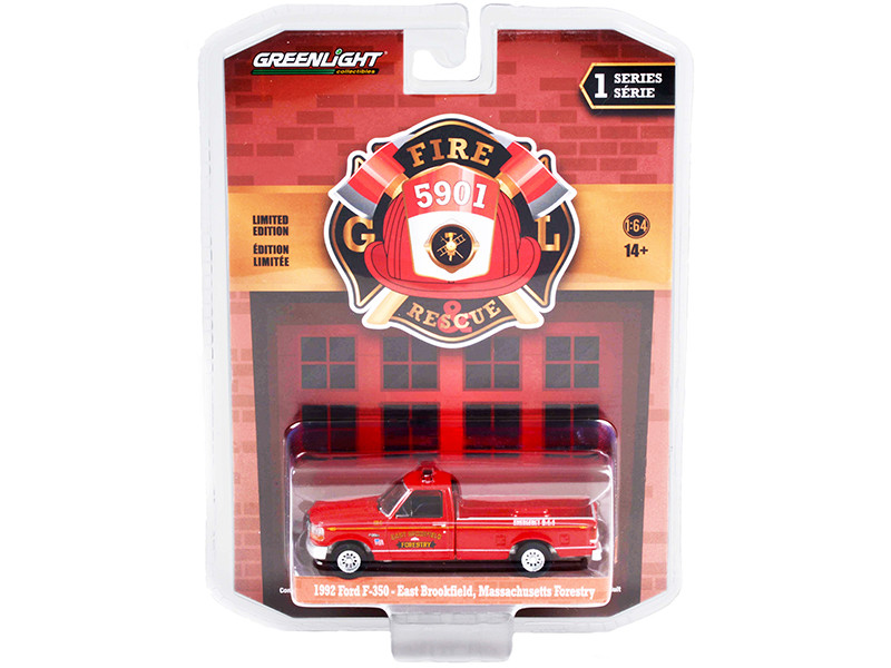 1992 Ford F-350 Pickup Truck Red East Brookfield Forestry Massachusetts Fire & Rescue Series 1 1/64 Diecast Model Car Greenlight 67010 B