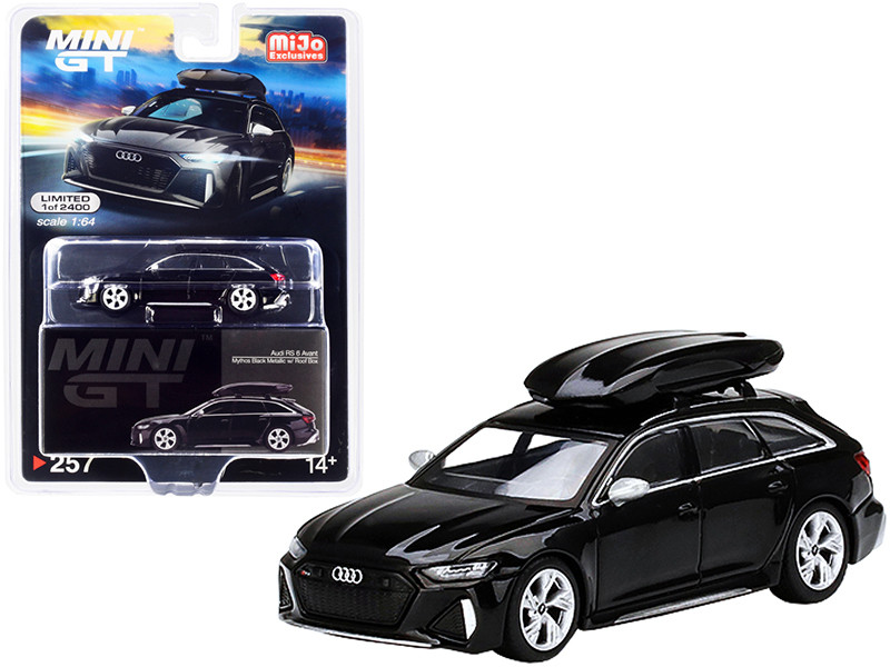 Audi RS 6 Avant with Roof Box Mythos Black Metallic Limited Edition 2400 pieces Worldwide 1/64 Diecast Model Car True Scale Miniatures MGT00257