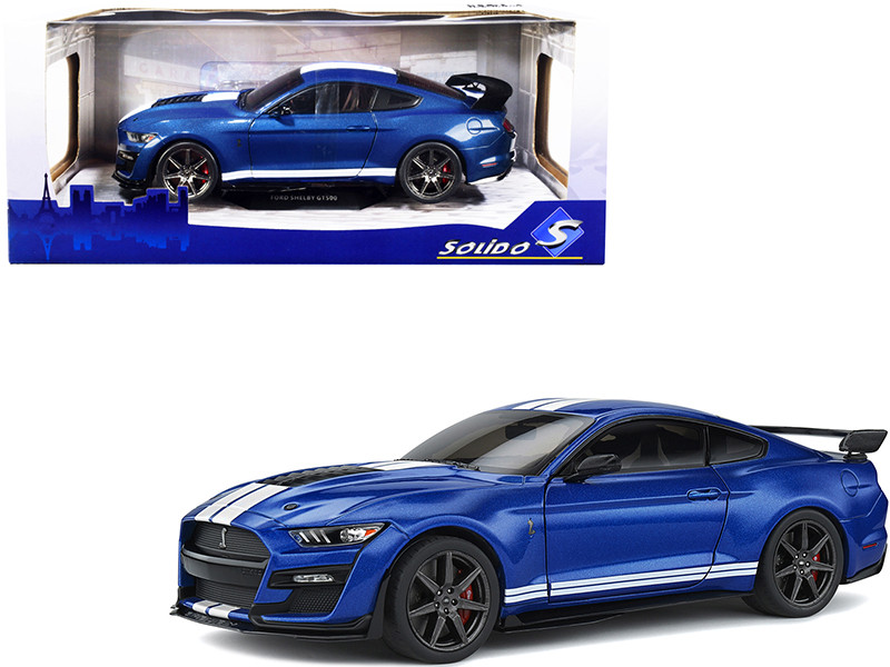 2020 Ford Mustang Shelby GT500 Fast Track Ford Performance Blue Metallic White Stripes 1/18 Diecast Model Car Solido S1805901