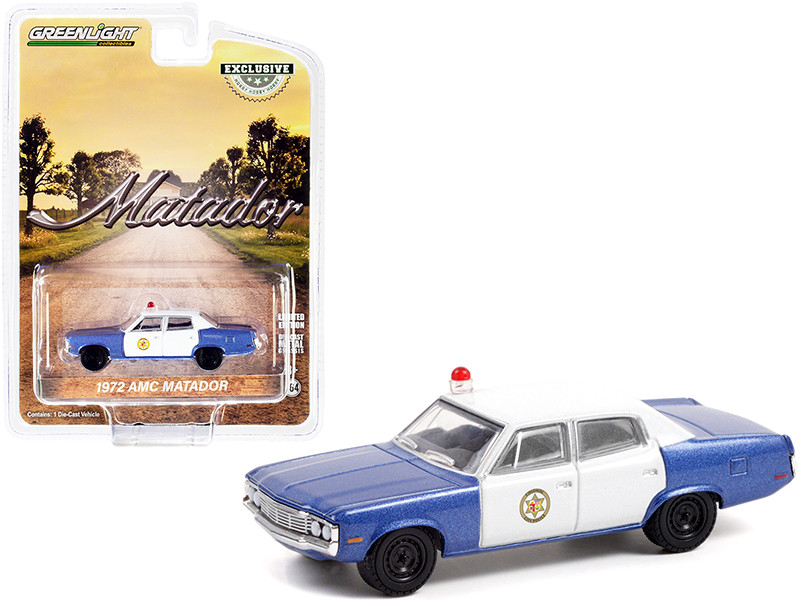 1972 AMC Matador Blue Metallic White Colonial City Police Hobby Exclusive 1/64 Diecast Model Car Greenlight 30219