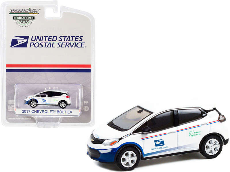 2017 Chevrolet Bolt EV White Stripes United States Postal Service USPS Powered by Electricity Hobby Exclusive 1/64 Diecast Model Car Greenlight 30263