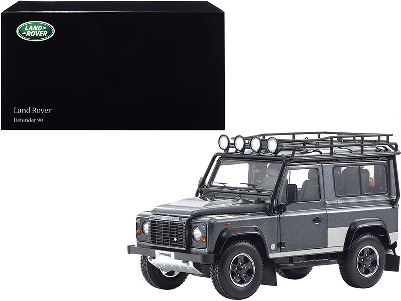 Land Rover Defender 90 with Roof Rack Dark Gray Metallic with Black Top and Chequer Plates 1/18 Diecast Model Car Kyosho 08901 TR