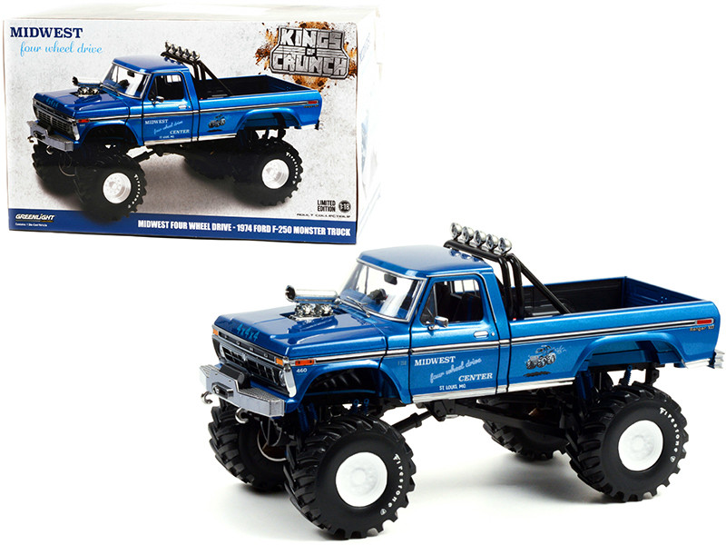 1974 Ford F-250 Ranger XLT Monster Truck 48-Inch Tires Blue Metallic Midwest Four Wheel Drive Center Kings of Crunch Series 1/18 Diecast Model Car Greenlight 13605