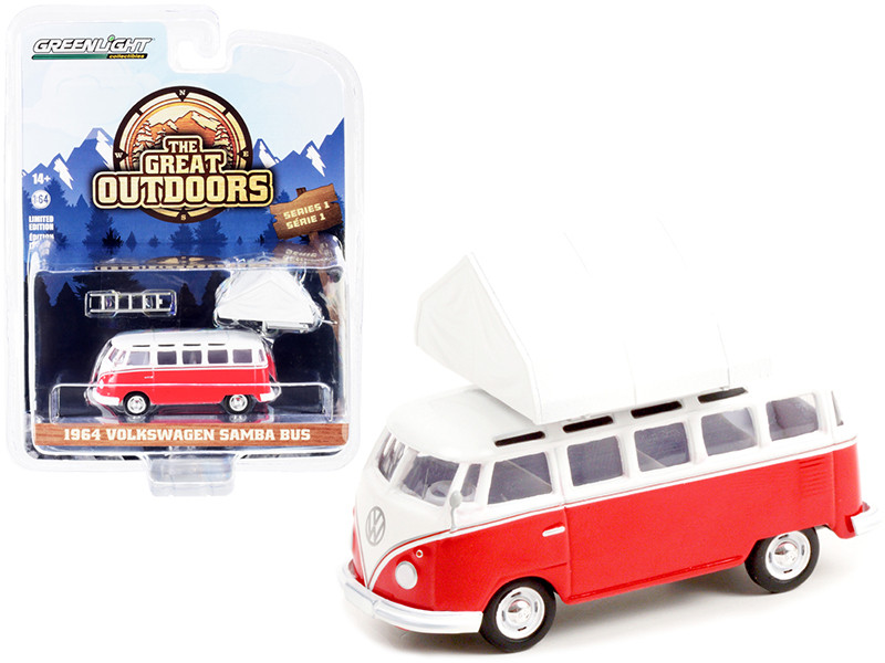 1964 Volkswagen Samba Bus Red White Camp'otel Rooftop Sleeper Tent The Great Outdoors Series 1 1/64 Diecast Model Car Greenlight 38010 A