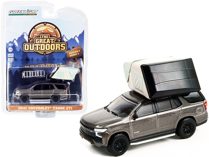 2021 Chevrolet Tahoe Z71 Gray Metallic Modern Rooftop Tent The Great Outdoors Series 1 1/64 Diecast Model Car Greenlight 38010 E