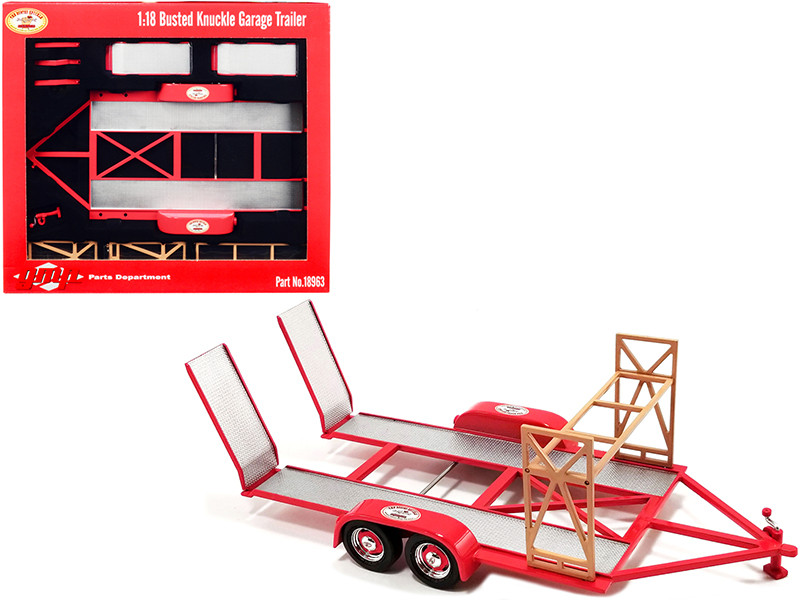 Tandem Car Trailer with Tire Rack Busted Knuckle Garage Red 1/18 Diecast Model GMP 18963