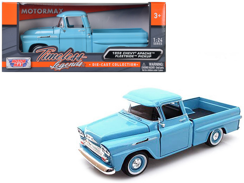 1958 Chevrolet Apache Fleetside Pickup Light Blue 1/24 Diecast Car Model Motormax 79311