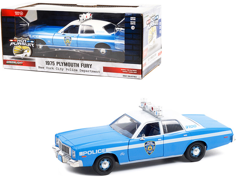 1975 Plymouth Fury Light Blue White Top New York City Police Department NYPD Hot Pursuit Series 1/24 Diecast Model Car Greenlight 85542