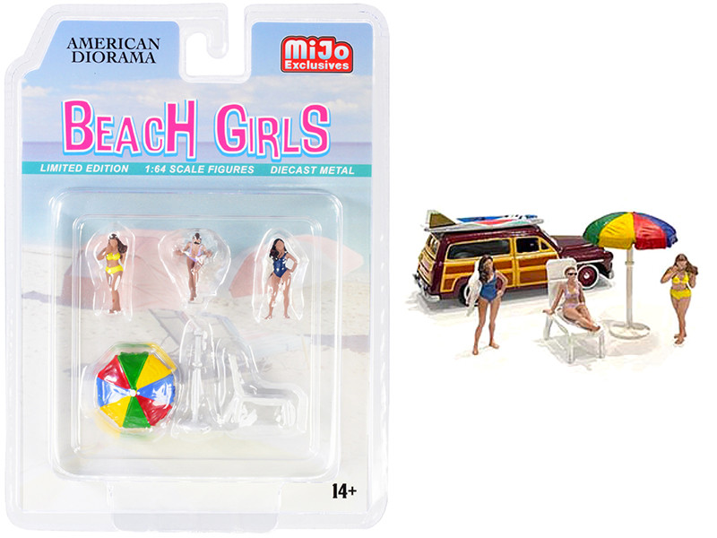 Beach Girls 5 piece Diecast Set 3 Figurines 1 Beach Chaise 1 Beach Umbrella 1/64 Scale Models American Diorama 76481