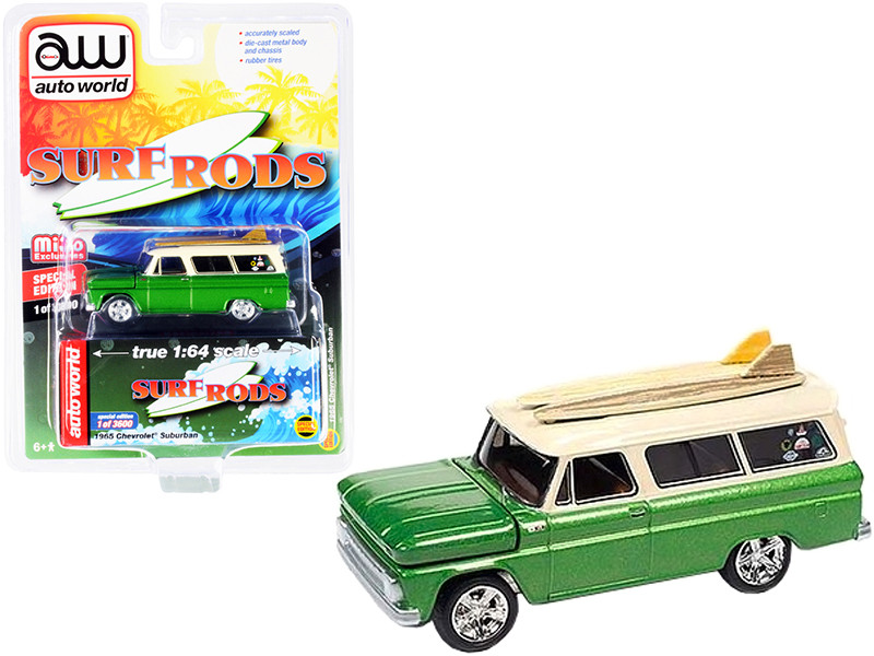 1965 Chevrolet Suburban Green Metallic and Cream with Two Surfboards 
