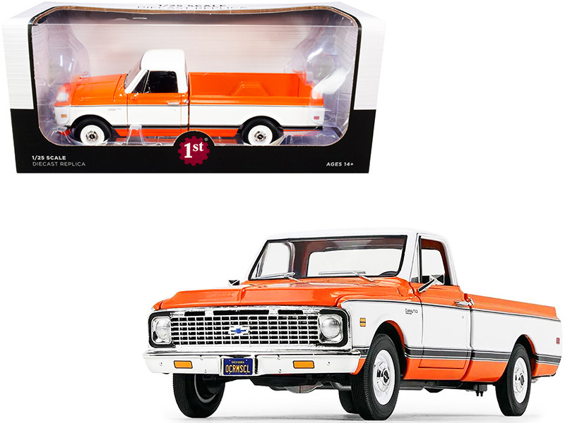 1971 Chevrolet C-10 Custom Deluxe Pickup Truck Omaha Orange and White with Stripes 1/25 Diecast Model by First Gear