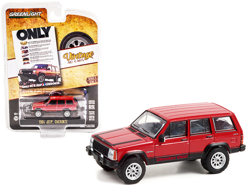 1984 Jeep Cherokee Chief Red Black Stripes Only in a Jeep Cherokee Vintage Ad Cars Series 5 1/64 Diecast Model Car Greenlight 39080 F