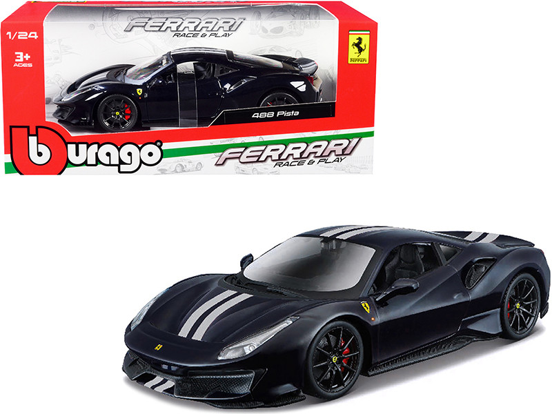 Ferrari 488 Pista Dark Blue Metallic Silver Stripes 1/24 Diecast Model Car Bburago 26026