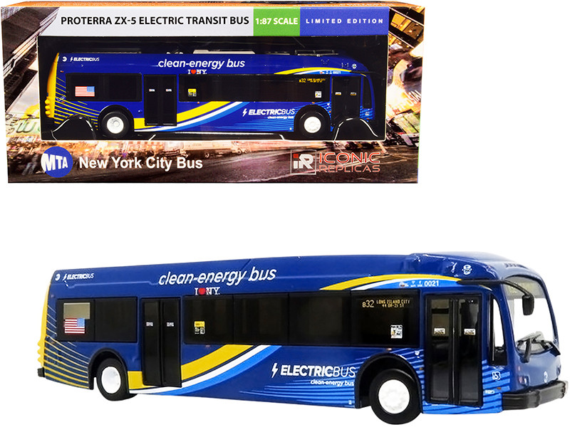 Proterra ZX5 Electric Transit Bus #B32 Long Island City MTA New York City Dark Blue with Stripes 1/87 HO Diecast Model Iconic Replicas 87-0263