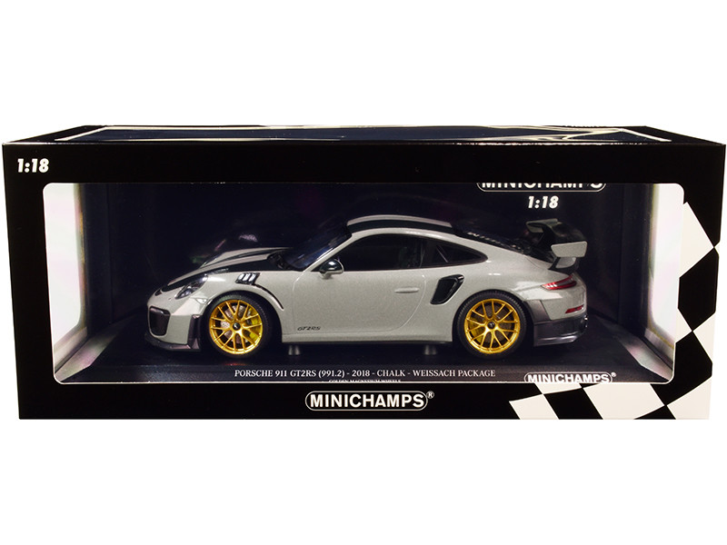 2018 Porsche 911 GT2RS (991.2) Weissach Package Chalk Gray with Carbon Stripes and Golden Magnesium Wheels Limited Edition to 300 pieces Worldwide 1/18 Diecast Model Car by Minichamps