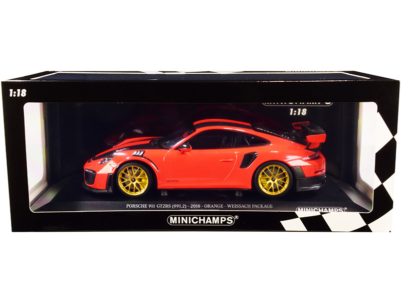 2018 Porsche 911 GT2RS 991.2 Weissach Package Orange Carbon Stripes Golden Magnesium Wheels Limited Edition 300 pieces Worldwide 1/18 Diecast Model Car Minichamps 155068305