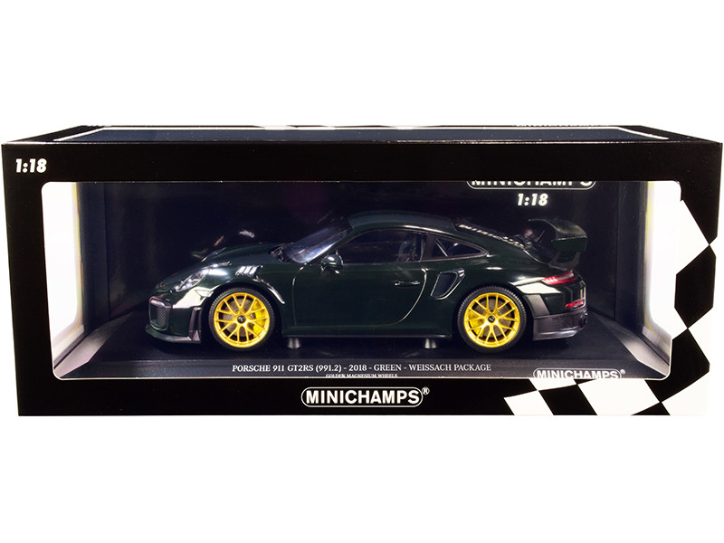 2018 Porsche 911 GT2RS 991.2 Weissach Package Dark Green Carbon Stripes Golden Magnesium Wheels Limited Edition 300 pieces Worldwide 1/18 Diecast Model Car Minichamps 155068306