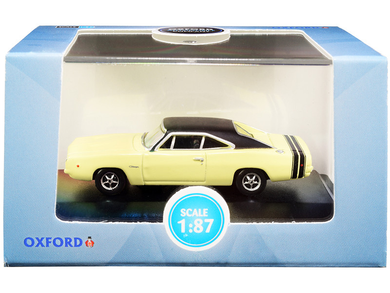 1968 Dodge Charger Light Yellow Black Top Black Stripes 1/87 HO Scale Diecast Model Car Oxford Diecast 87DC68004